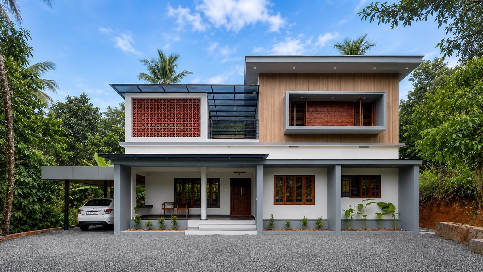 Terrace Jali Residence — modern two-story Kerala house with terracotta jali screen