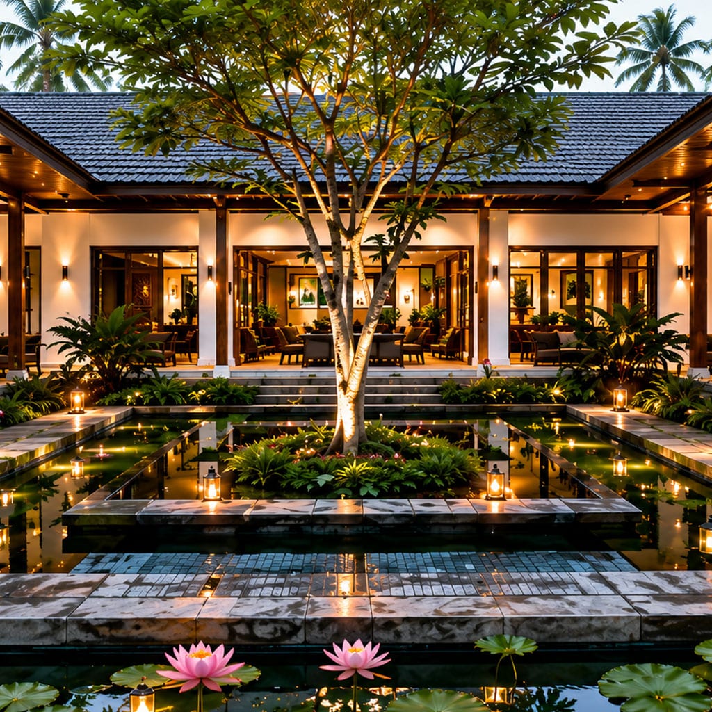Luxury Kerala villa with lotus pond and tropical gardens at golden hour