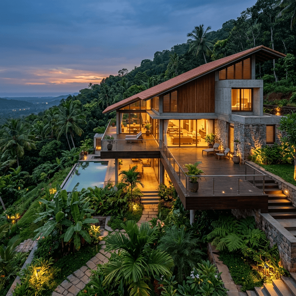 Hillside Tropical Retreat in Kozhikode — floating wooden decks