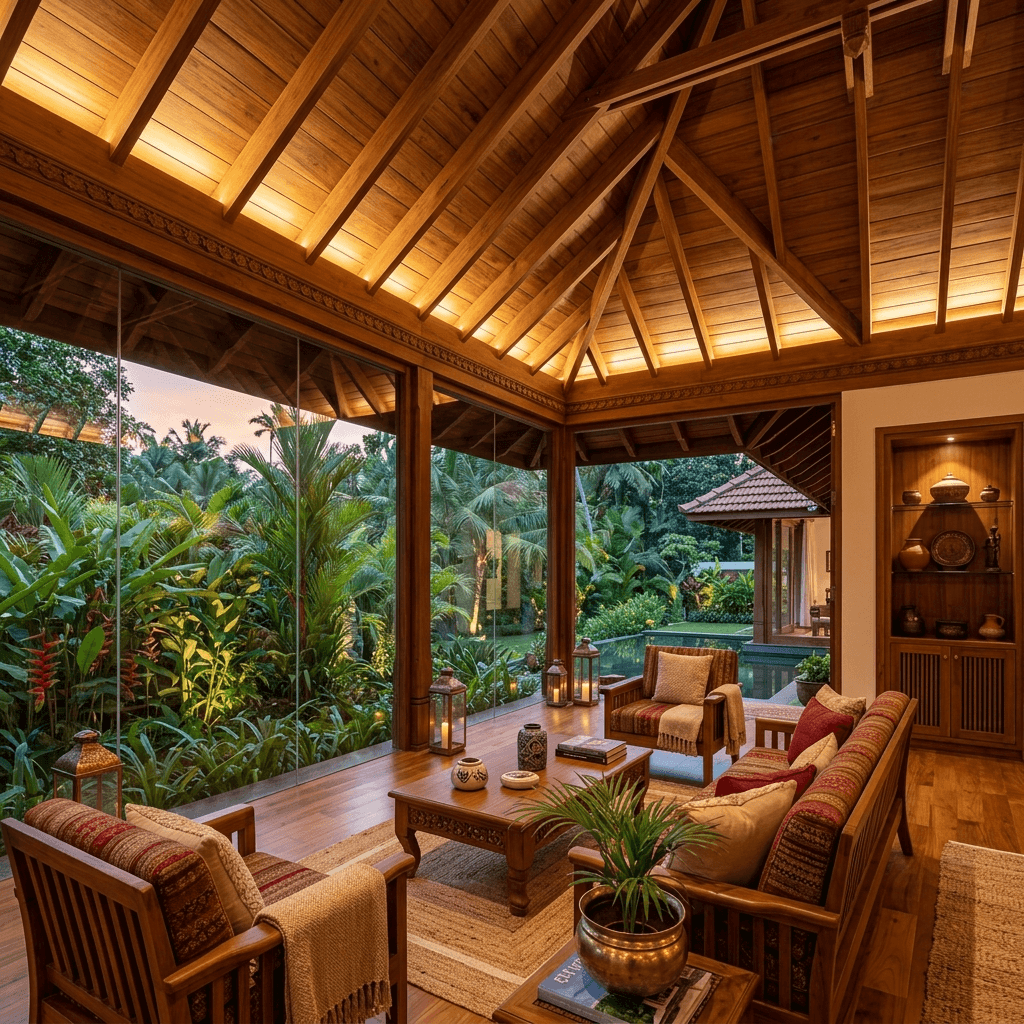 Malabar Teak Interior Suite in Thrissur — exposed timber rafters