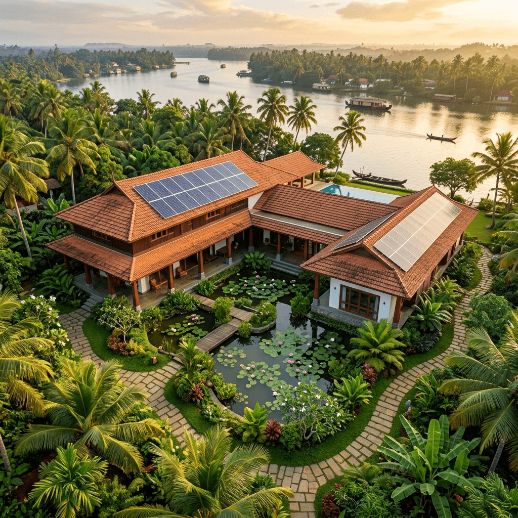 Aerial view of Kerala villa with lotus courtyard pond, solar panels and tropical gardens